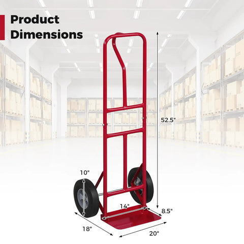 Heavy Duty Metal Hand Truck With 600 Pound Capacity And Ergonomic P Handle, dimensions 52.5 x 18 x 20 inches in steel frame.