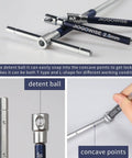 Close-up of 10 Piece Metric 3 Way T Type Hex Wrench Set With Sliding Top And Detent Ball Lock Converts To L Shape illustration