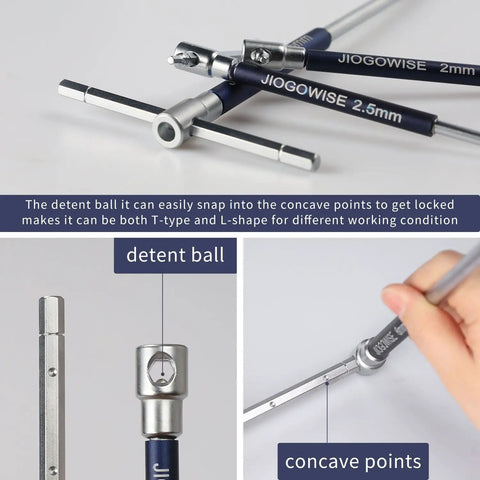 Close-up of 10 Piece Metric 3 Way T Type Hex Wrench Set With Sliding Top And Detent Ball Lock Converts To L Shape illustration