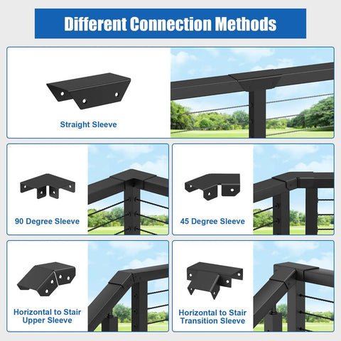 Various handrail connector sleeves for horizontal to stair upper joint in deck cable railing shown in different angles.