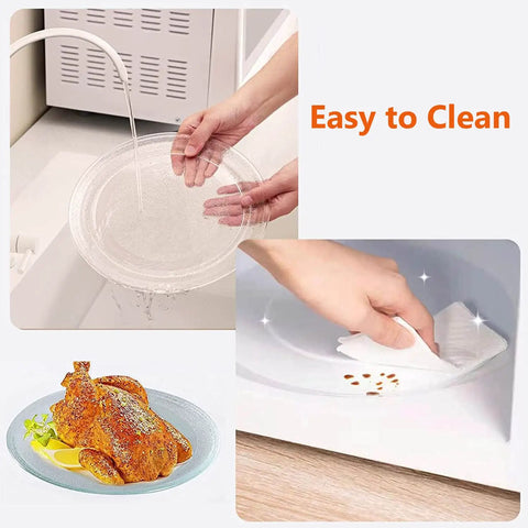 Universal 9.6 Inch Microwave Glass Turntable Plate Replacement With Coupler And Roller Ring For Kenmore Panasonic GE shown being washed and cleaned