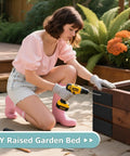 Woman using drill on raised garden bed with beefy heavy duty L corner brackets 6x6 inch 2 pack black steel for wood shelves