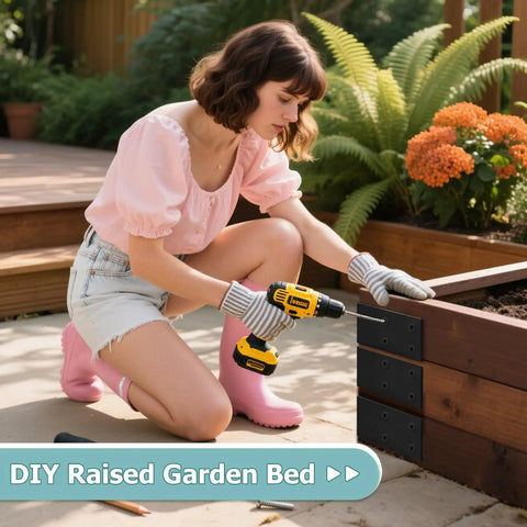 Woman using drill on raised garden bed with beefy heavy duty L corner brackets 6x6 inch 2 pack black steel for wood shelves
