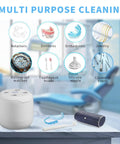 Ultrasonic Retainer Cleaner For Aligners And Mouth Guards, 45KHz Deep Cleaning shown with various items for home or office use.