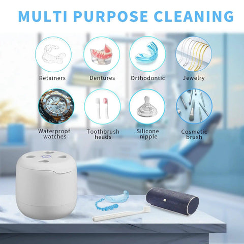 Ultrasonic Retainer Cleaner For Aligners And Mouth Guards, 45KHz Deep Cleaning shown with various items for home or office use.