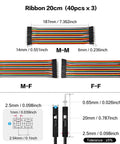 120 Pin Header Jumper Wires Kit With 10cm 20cm 30cm Dupont Cables, Solderless Male Female Ribbon in multicolor, diagram and dimensions shown