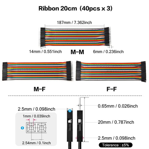 120 Pin Header Jumper Wires Kit With 10cm 20cm 30cm Dupont Cables, Solderless Male Female Ribbon in multicolor, diagram and dimensions shown