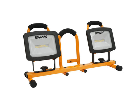 Dual Head LED Work Light On Steel Tripod, 6000 Lumens, 72W, 4000K Neutral White, portable orange and black lights