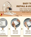 Handy Dandy Two In One Spoon Rest And Pot Lid Holder For Kitchen Counter, showing installation steps with stainless steel stands.