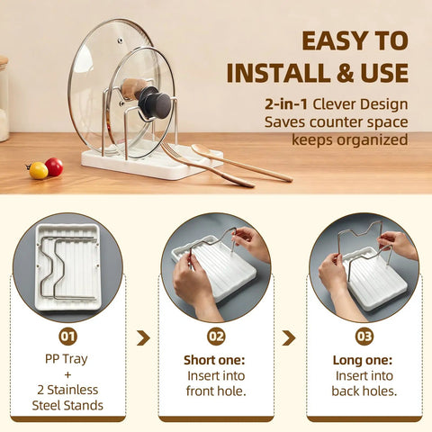 Handy Dandy Two In One Spoon Rest And Pot Lid Holder For Kitchen Counter, showing installation steps with stainless steel stands.