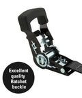 Close-up of black and silver ratchet buckle from Beefy 1500lb Break Strength Ratchet Straps For Motorcycles, Trucks, And ATVs, 15ft Tie Downs.