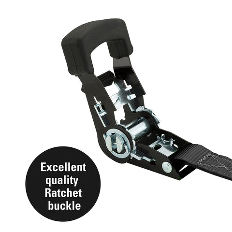 Close-up of black and silver ratchet buckle from Beefy 1500lb Break Strength Ratchet Straps For Motorcycles, Trucks, And ATVs, 15ft Tie Downs.