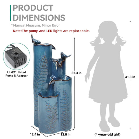 Totally Dope 32 Inch Tall Ceramic Outdoor Water Fountain With Led 4 Tier Tropical Cascading Waterfall Turquoise Glaze Embossed Fern Pattern Bird Attracting Garden Yard Patio Decor dimensions shown next to a silhouette of a child for size comparison.