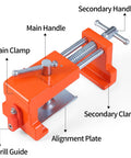 2 Pack Heavy Duty Face Frame Clamps With Tough Storage Case And Sharp Twist Drill Bit For No Sweat Cabinet Install And Smooth Woodworking Alignment Projects close-up showing the main clamp, handles, drill guide, and alignment plate.