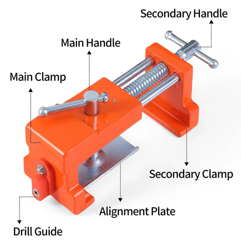 2 Pack Heavy Duty Face Frame Clamps With Tough Storage Case And Sharp Twist Drill Bit For No Sweat Cabinet Install And Smooth Woodworking Alignment Projects close-up showing the main clamp, handles, drill guide, and alignment plate.