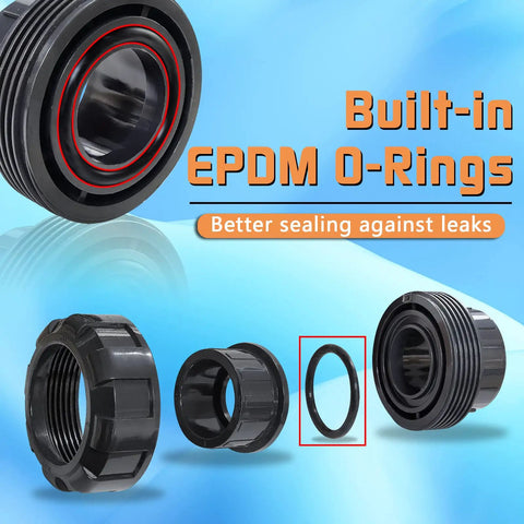 Components of Two Pack One And One Half Inch Slip Union Coupling Adapters Schedule 80 With EPDM O Ring Socket To Socket Grey