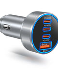 98W Usb C Car Charger Straight Up Crushes Fast Charging Needs With Four Ports, sleek silver design with multiple charging ports.
