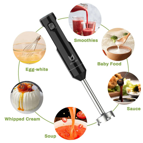 Total Game Changer Cordless Hand Blender With Whisk For Smoothies Soups And Baby Food Purees featuring a stainless blend rod for easy mixing.