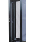 Top Tier Rock Solid 42U Rack Mount Network Server Cabinet With Lockable Front And Rear Doors, mesh design, black finish.