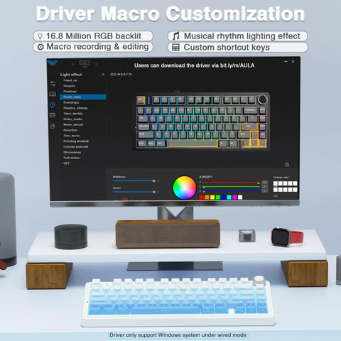 Rock Solid Gasket Mechanical Keyboard With Hot Swappable Switches And Wireless Bluetooth Dual Mode For A Tight Desk Setup featuring RGB customization on monitor.