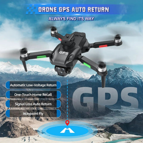 Outdoor flying GPS Drone With Camera For Beginners Dual Camera FPV Quadcopter showing auto return feature over mountains