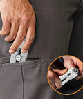 Front view of a silver thread checker keychain with dual vernier calipers being pulled from a pocket.