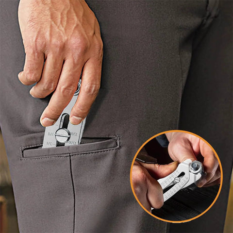 Front view of a silver thread checker keychain with dual vernier calipers being pulled from a pocket.