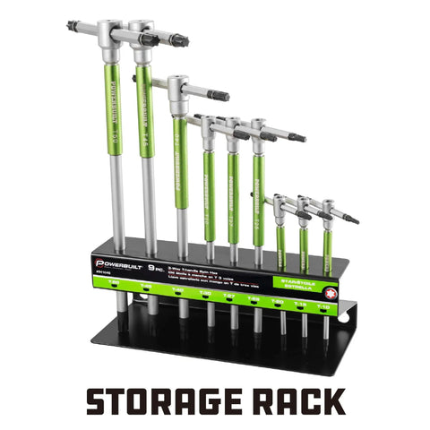 9 Piece Torx Star T Handle Hex Allen Key Wrench Set With Speed Sleeves For Fast Spin displayed in storage rack