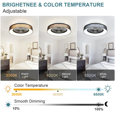 Remote LED Ceiling Fan With 30W Power, 18 Inch Small Flush Mount, 3 brightness settings in bedroom, starry sky lampshade
