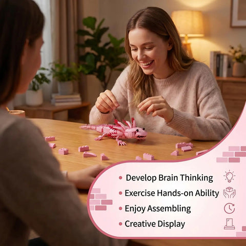 Person assembling Pink Axolotl Building Block Set 998 Pieces 1 To 1 Scale Amphibian Model Kit for Adults and Teens