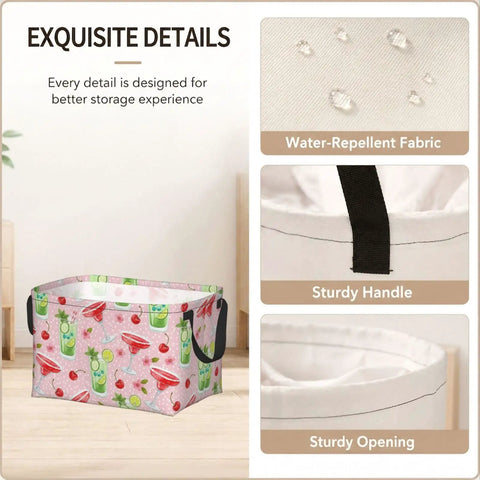 Genuine Rectangular Storage Basket For Zero Fuss Organization, Waterproof Fabric Bins With Fresh Print Vibes, showing water-repellent fabric and sturdy handles.