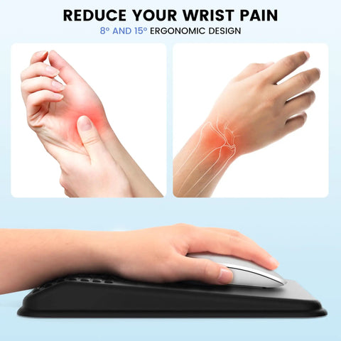 Ergonomic Mouse Pad With Wrist Rest And Memory Foam For Pain Relief, showcasing hand resting on black pad with 8, 15 degree slopes.