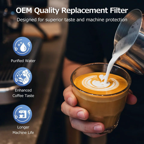 AquaClean water filter for coffee machines; blue icons highlight purified water and enhanced coffee taste