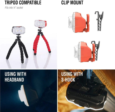 Heady Tan Rechargeable Wearable Light 600 Lumens Beast Bright Headlamp on tripod and clip mount with headband and S-hook attachments.