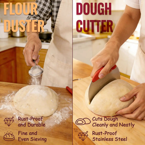 Complete Sourdough Starter Kit With Round 9 Inch Proofing Basket Oval 10 Inch Proofing Baskets 32 Ounce Starter Jar With Linen Cover Silicone Spatula And Essential Bread Baking Tools For Home Kitchen showing flour duster sieving over dough and dough cutter slicing cleanly.