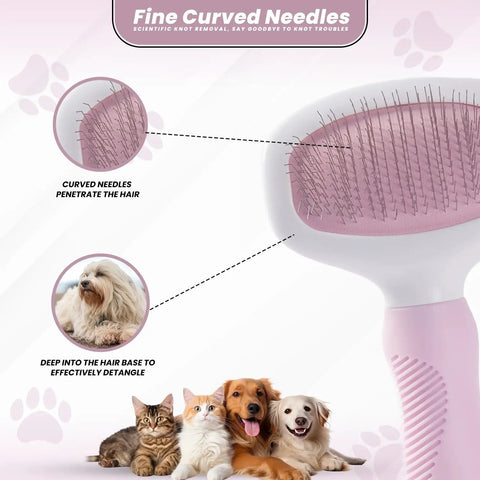 Small Slicker Brush For Dogs And Cats, Skin Friendly Deshedding Tool For Healthy Coats, Gentle Undercoat Groomer For Short And Long Haired Pets, Durable Stainless Pins, Perfect For Sensitive Pups. Pink brush close-up with curved stainless pins