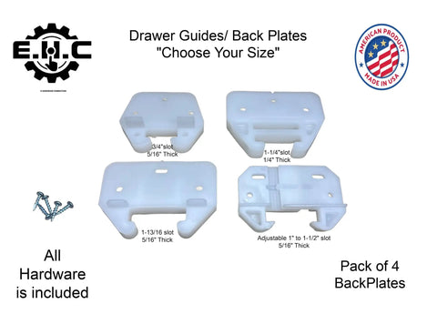 DIY Friendly Plastic Drawer Guides With Back Plates Kit, 1-1/8 by 1/4, 4 Pack, hardware included, for kitchen and furniture drawers.