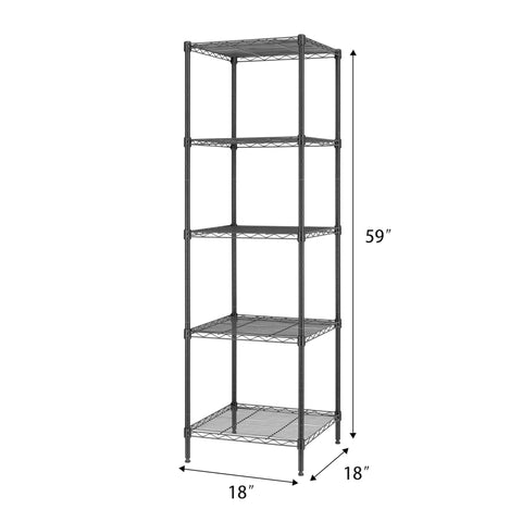 Heavy Duty 5 Tier Wire Shelving Unit 18 By 18 By 59 Inches Sturdy Metal Storage Rack shown with dimensions for kitchen, laundry, or office use.