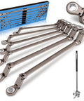 Upgraded Double Jointed Extra Long Flex Head Ratchet Wrench Set 6-Piece Metric 8-19mm with Magnetic Pickup, Cr-V Steel, Gray Nickel