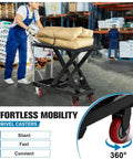 Hella Sturdy Hydraulic Lift Table Cart 1100 Pound Capacity Scissor Work Platform with 2 swivel casters for easy movement in warehouse.