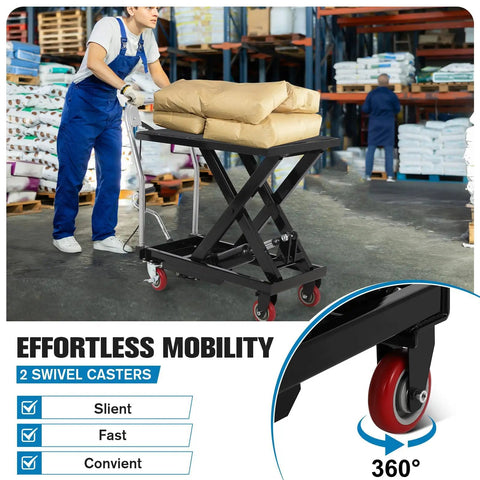 Hella Sturdy Hydraulic Lift Table Cart 1100 Pound Capacity Scissor Work Platform with 2 swivel casters for easy movement in warehouse.