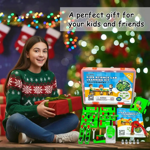 Girl with Hands On Electricity And Magnetism Science Kit For Middle School And High School Students, holding gift.