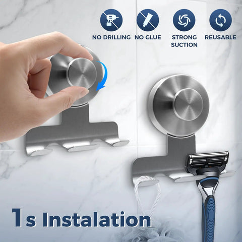 Heavy-Duty Shower Razor Holder With 7KG Suction, Rust-Resistant Metal Shaver Hooks, installed on tile wall, hand adjusting knob