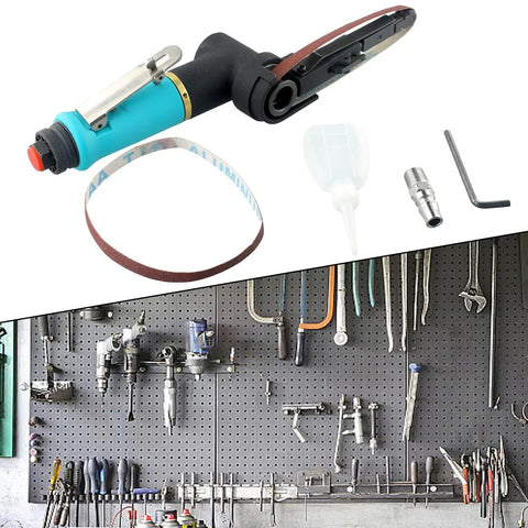 Knockout Heavy Duty Pneumatic Air Belt Sander With 360 Swivel Handle for weld prep, showing sanding belt and tools.