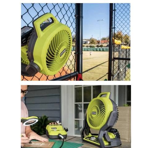 Ryobi 18V Cordless Hybrid Portable Fan Bundle With Seven And A Half Inch Blade attached to a fence and used on a workbench