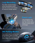 Image showing features of the 360 Degree Four Channel Dash Cam With Front Rear Left And Right Cameras For All Around Coverage Car Dash Camera With GPS WiFi Night Vision 24 Seven Parking Mode 1080P Recording 128GB Card Included. Visuals include loop recording, crash lock, and 24h parking monitor functionalities.