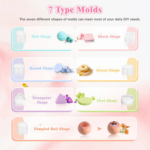 No Sweat Bath Bomb Press Machine With Seven Round Molds For Effortless Diy Soaps And Luxury Spa Fizzies with various mold shapes.