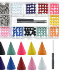 Badass Colorful Cone Spikes and Punk Metal Screwback Rivets Bullet Studs for Leather Craft Clothing Shoes Belts Bags and Pet Collars DIY Kit with Punch Tool 230 Pieces 7X10MM in a clear storage box.