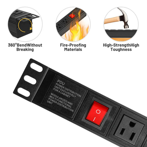 Eight Wide-Spaced Rack Mount Power Strip Surge Protector PDU with right angle outlets, showing durable design features.