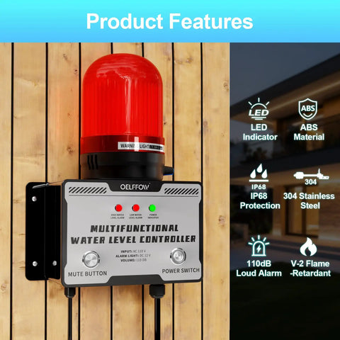Heavy Duty 110V Water Level Alarm With High Low Detector 110dB Siren and Light Outdoor Rated Wall-Mounted Monitor